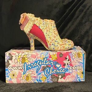 Irregular Choice”Baby Beauty”pink/multi tweed booties,back bow, original box,7.5